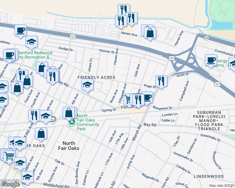 map of restaurants, bars, coffee shops, grocery stores, and more near 974 Rose Avenue in Redwood City