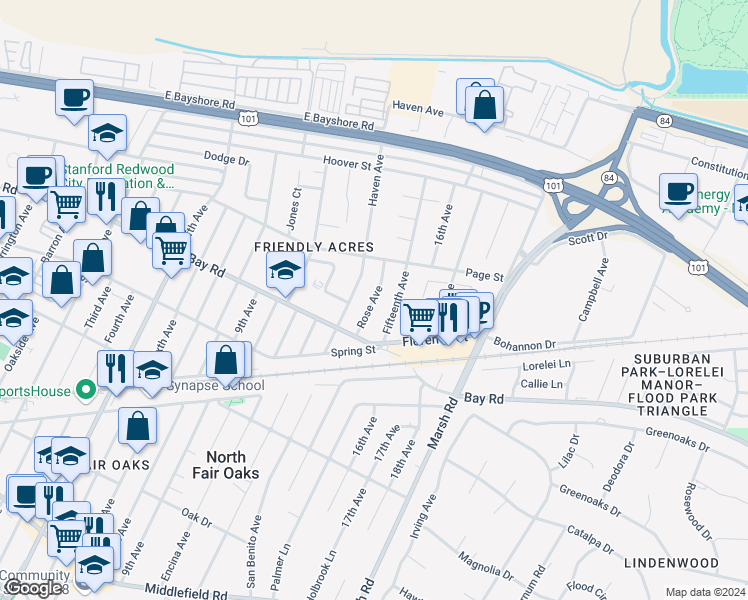 map of restaurants, bars, coffee shops, grocery stores, and more near 974 Rose Avenue in Redwood City