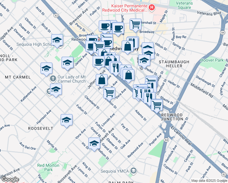 map of restaurants, bars, coffee shops, grocery stores, and more near 143 Madison Avenue in Redwood City