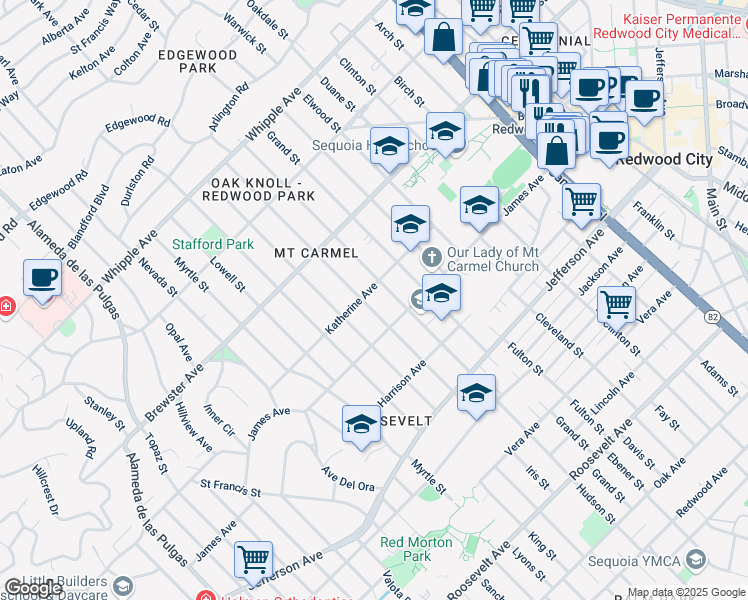 map of restaurants, bars, coffee shops, grocery stores, and more near 830 Katherine Avenue in Redwood City
