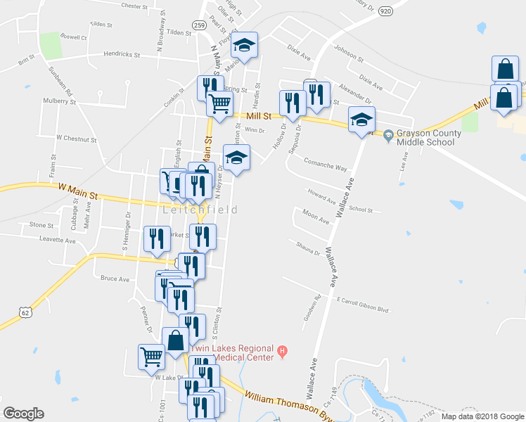 map of restaurants, bars, coffee shops, grocery stores, and more near in Leitchfield