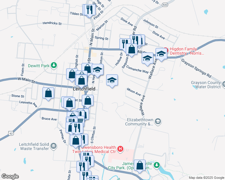 map of restaurants, bars, coffee shops, grocery stores, and more near in Leitchfield