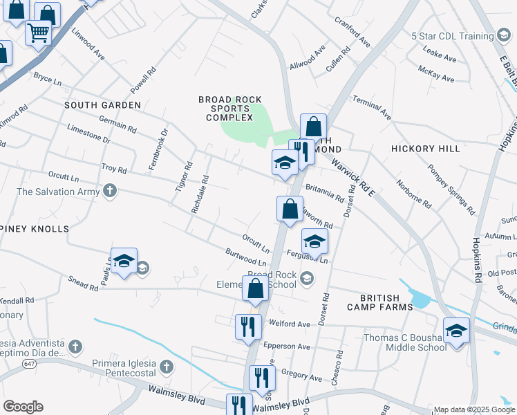 map of restaurants, bars, coffee shops, grocery stores, and more near 2500 Mandy Lane in Richmond