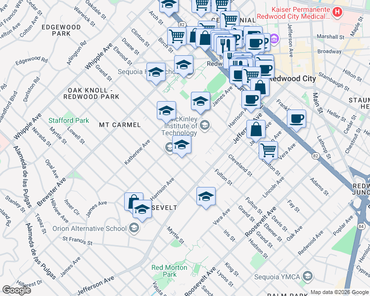 map of restaurants, bars, coffee shops, grocery stores, and more near 621 James Avenue in Redwood City