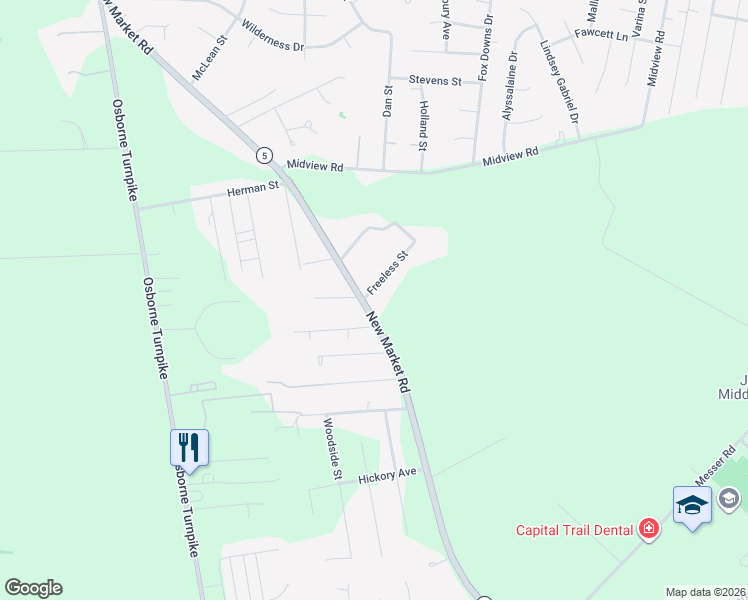 map of restaurants, bars, coffee shops, grocery stores, and more near 1384 New Market Road in Richmond