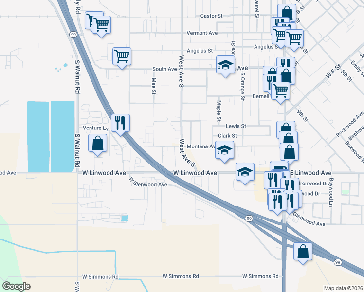 map of restaurants, bars, coffee shops, grocery stores, and more near 1500 West Ave South in Turlock