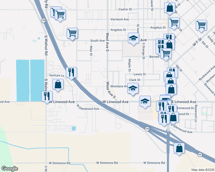 map of restaurants, bars, coffee shops, grocery stores, and more near 1350 West Avenue South in Turlock