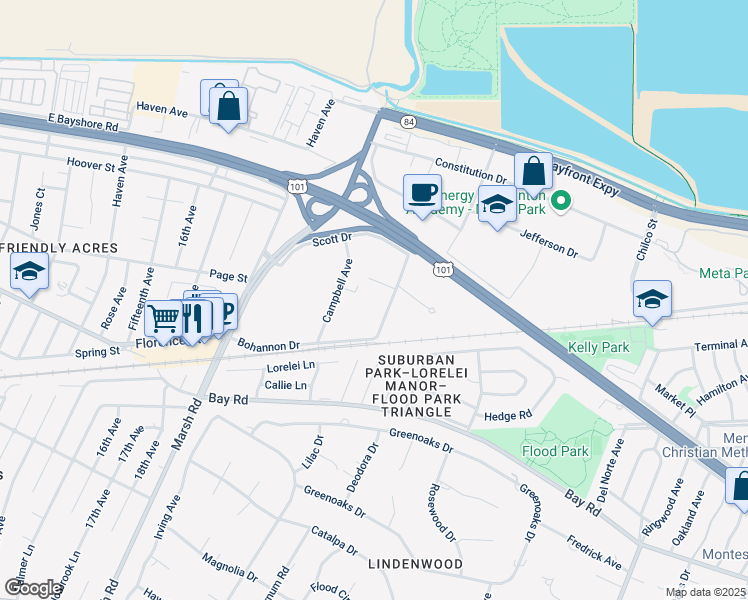 map of restaurants, bars, coffee shops, grocery stores, and more near 4025 Bohannon Drive in Menlo Park