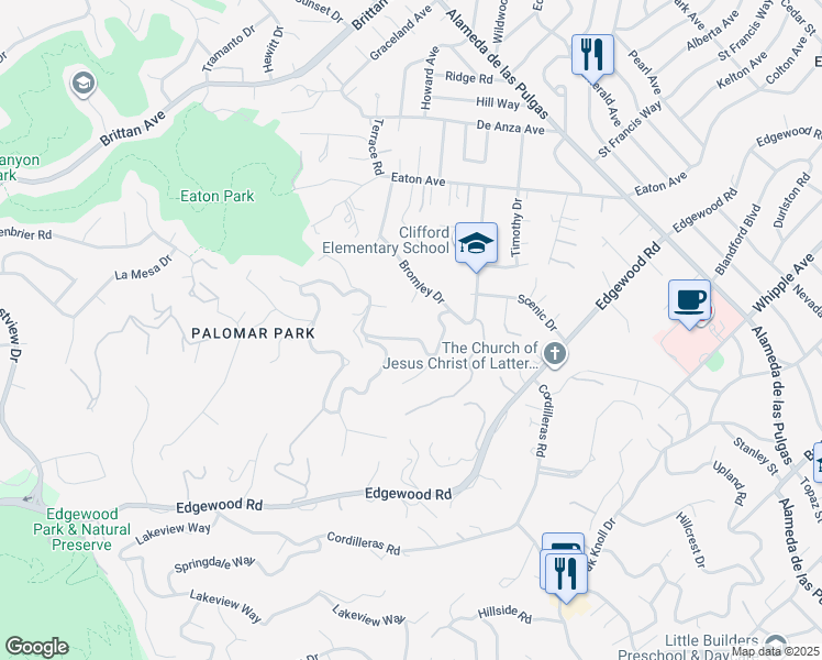 map of restaurants, bars, coffee shops, grocery stores, and more near 416 Palomar Drive in Redwood City