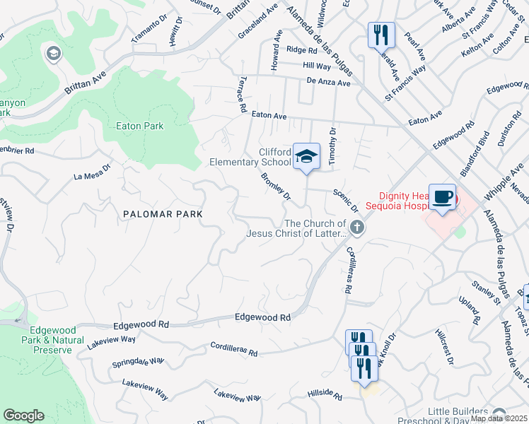 map of restaurants, bars, coffee shops, grocery stores, and more near 416 Palomar Drive in Redwood City