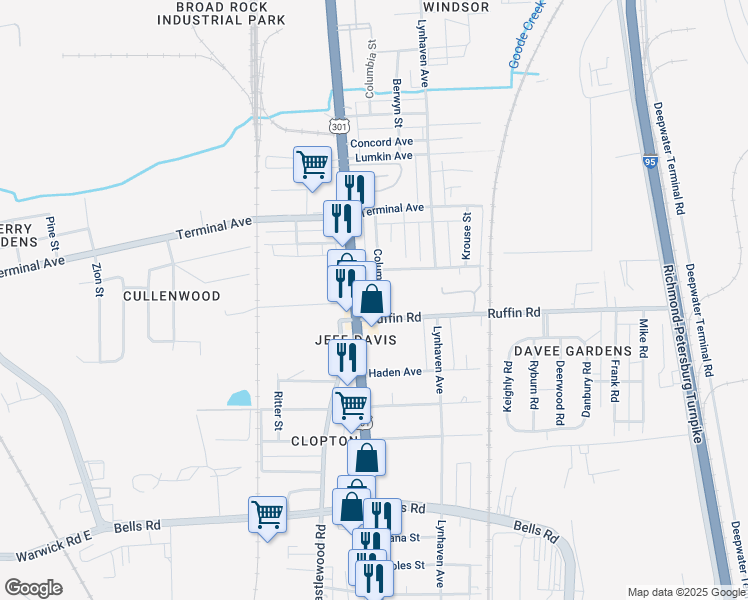 map of restaurants, bars, coffee shops, grocery stores, and more near 3113 Columbia Street in Richmond