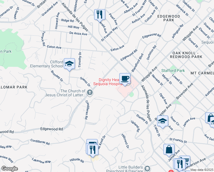 map of restaurants, bars, coffee shops, grocery stores, and more near 20 Don Court in Redwood City