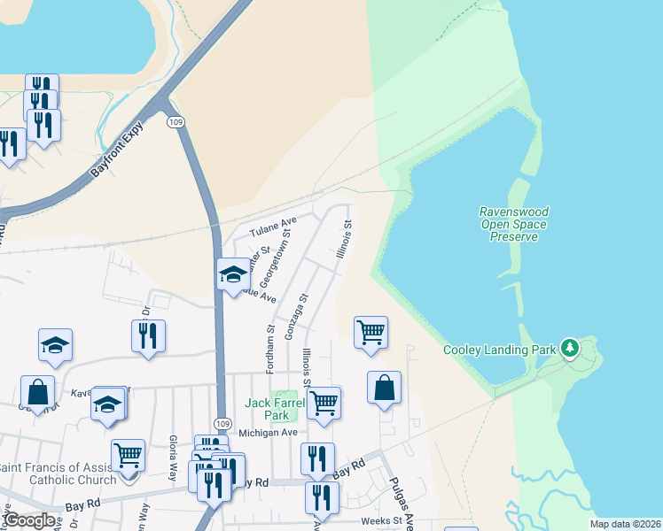 map of restaurants, bars, coffee shops, grocery stores, and more near 1827 Stevens Avenue in East Palo Alto