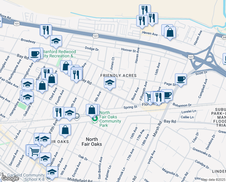 map of restaurants, bars, coffee shops, grocery stores, and more near 904 Tenth Avenue in Redwood City