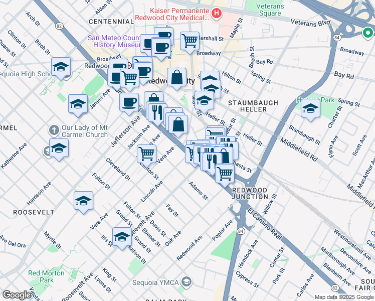 map of restaurants, bars, coffee shops, grocery stores, and more near 2 Beech Street in Redwood City