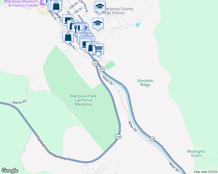 map of restaurants, bars, coffee shops, grocery stores, and more near 4958 California 140 in Mariposa