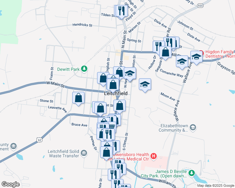 map of restaurants, bars, coffee shops, grocery stores, and more near 10 Public Square in Leitchfield