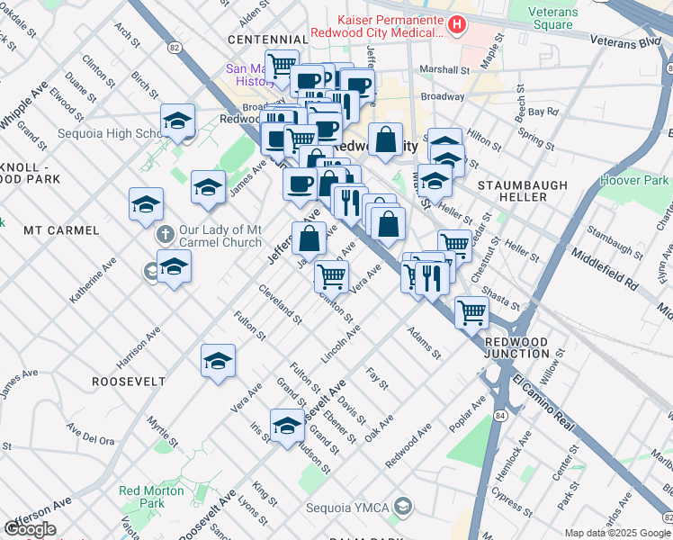 map of restaurants, bars, coffee shops, grocery stores, and more near 217 Madison Avenue in Redwood City