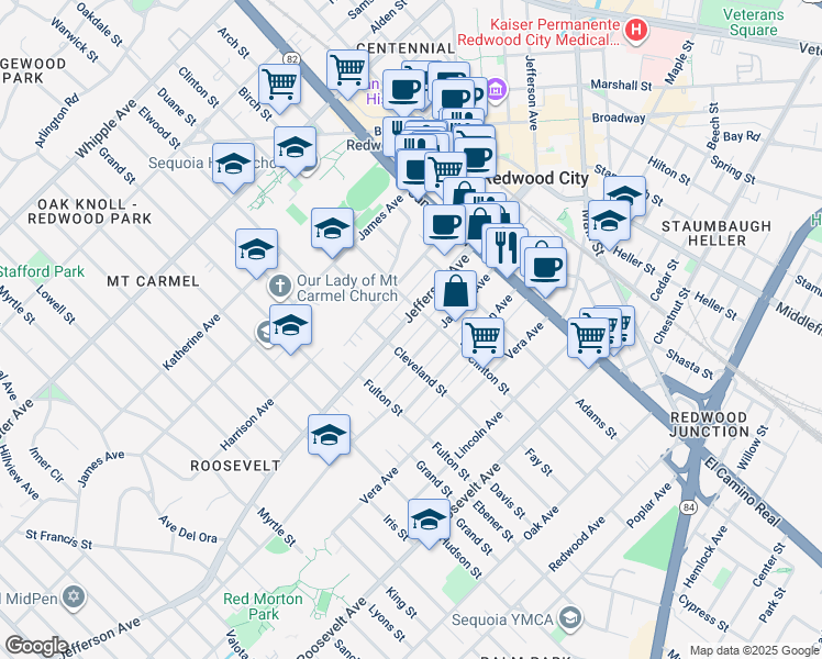 map of restaurants, bars, coffee shops, grocery stores, and more near 1430 Jefferson Avenue in Redwood City