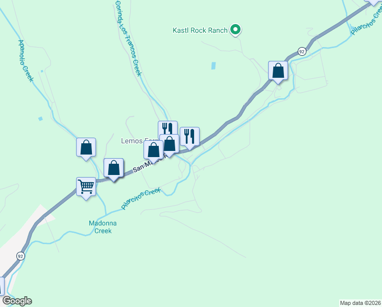 map of restaurants, bars, coffee shops, grocery stores, and more near 12341 San Mateo Road in Half Moon Bay