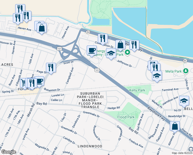 map of restaurants, bars, coffee shops, grocery stores, and more near 4500 Bohannon Drive in Menlo Park
