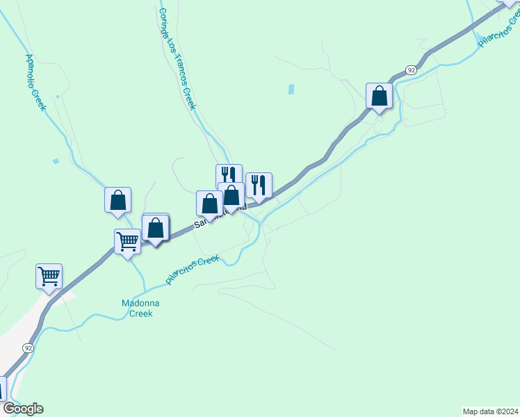 map of restaurants, bars, coffee shops, grocery stores, and more near 12341 San Mateo Road in Half Moon Bay