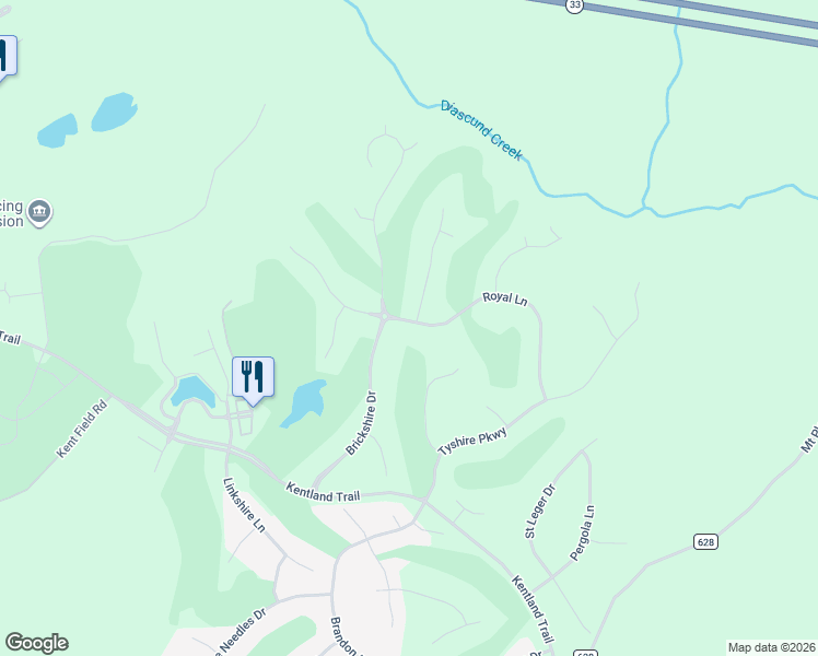 map of restaurants, bars, coffee shops, grocery stores, and more near 11341 Royal Lane in Providence Forge