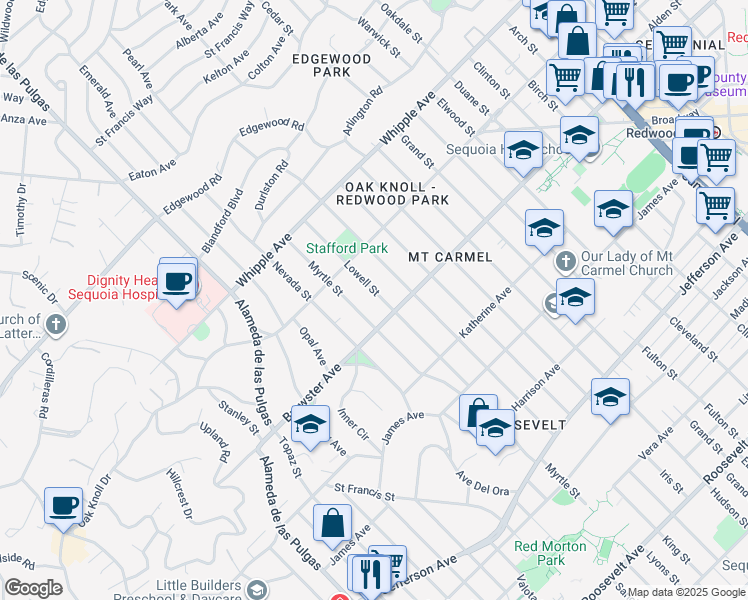 map of restaurants, bars, coffee shops, grocery stores, and more near 164 Lowell Street in Redwood City