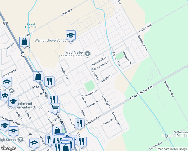 map of restaurants, bars, coffee shops, grocery stores, and more near 537 Hannah Drive in Patterson