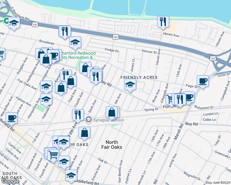 map of restaurants, bars, coffee shops, grocery stores, and more near 840 Eighth Avenue in Redwood City