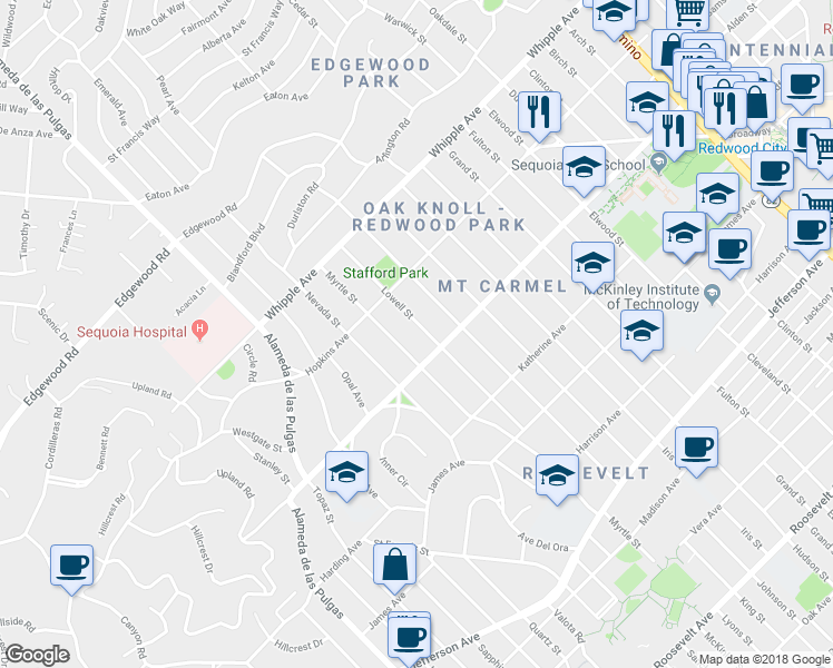 map of restaurants, bars, coffee shops, grocery stores, and more near 164 Lowell Street in Redwood City