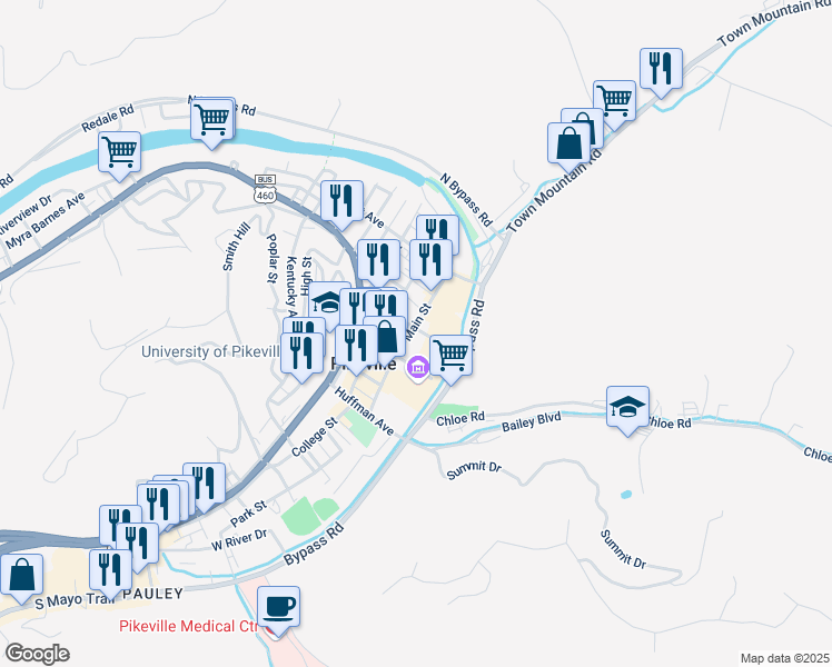 map of restaurants, bars, coffee shops, grocery stores, and more near 184-210 Main St in Pikeville