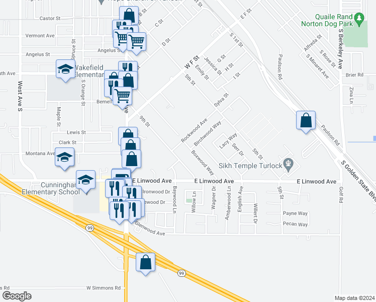map of restaurants, bars, coffee shops, grocery stores, and more near 1071 Boxwood Way in Turlock