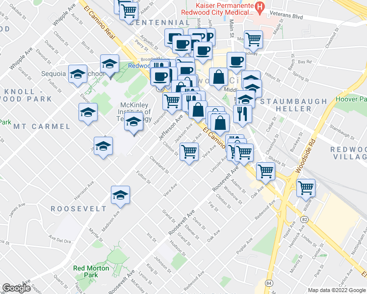 map of restaurants, bars, coffee shops, grocery stores, and more near 220 Madison Avenue in Redwood City