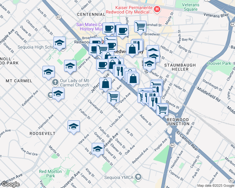 map of restaurants, bars, coffee shops, grocery stores, and more near 143 Madison Avenue in Redwood City