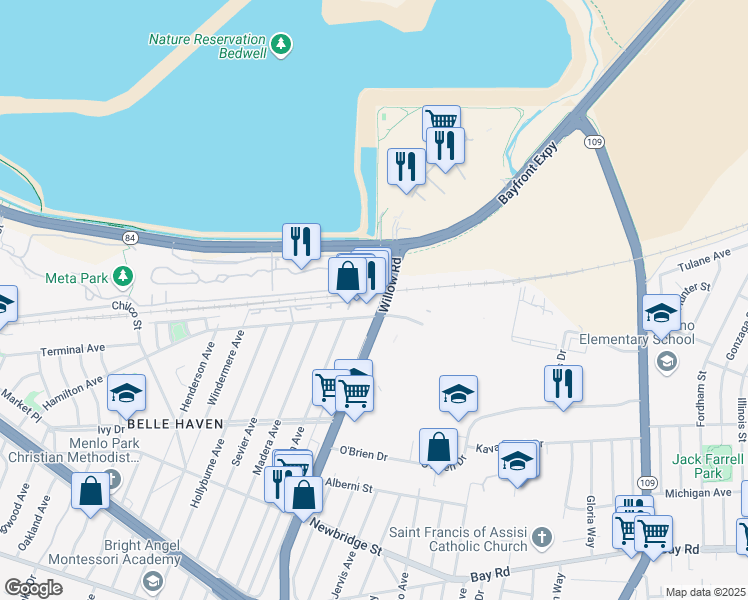 map of restaurants, bars, coffee shops, grocery stores, and more near 1459-1499 Willow Road in Menlo Park