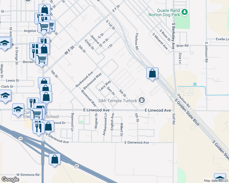 map of restaurants, bars, coffee shops, grocery stores, and more near 1110 Serr Drive in Turlock