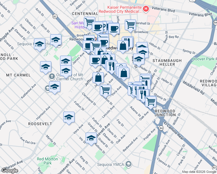 map of restaurants, bars, coffee shops, grocery stores, and more near 143 Madison Avenue in Redwood City