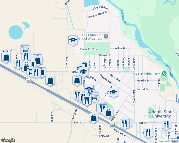 map of restaurants, bars, coffee shops, grocery stores, and more near 798 Graf Dr in Alamosa