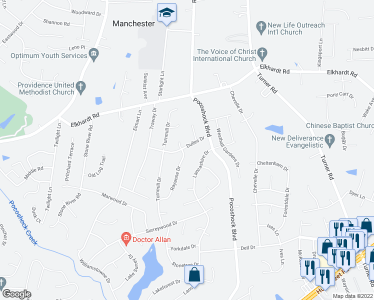 map of restaurants, bars, coffee shops, grocery stores, and more near 1601 Rayanne Drive in Richmond