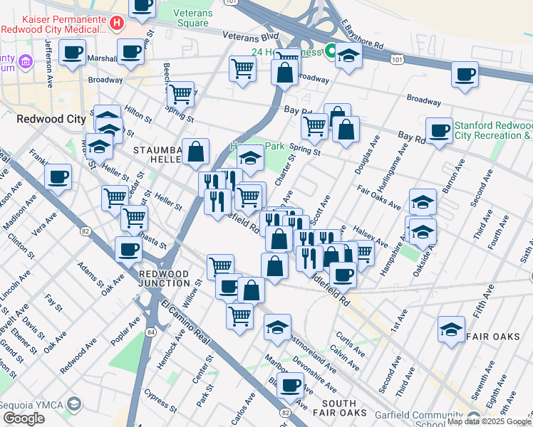map of restaurants, bars, coffee shops, grocery stores, and more near 560 Charter Street in Redwood City