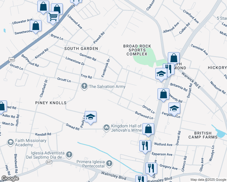 map of restaurants, bars, coffee shops, grocery stores, and more near 5124 Orcutt Lane in Richmond