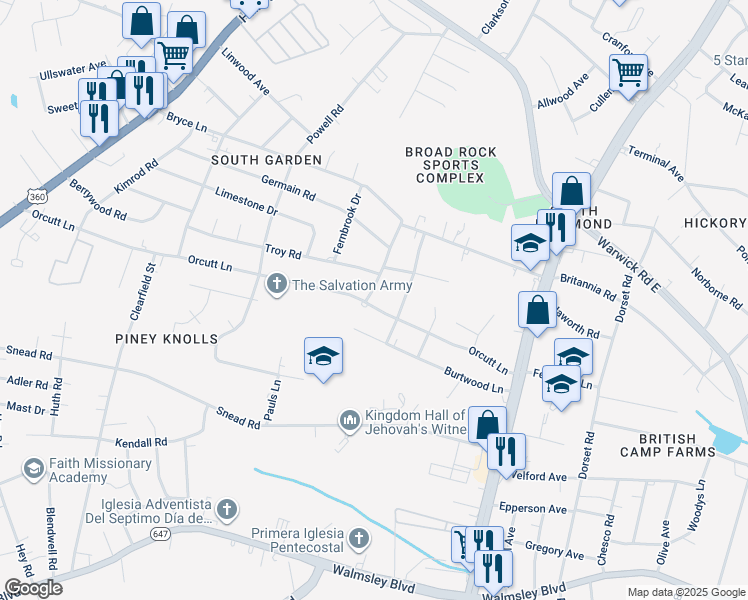 map of restaurants, bars, coffee shops, grocery stores, and more near 5124 Orcutt Lane in Richmond