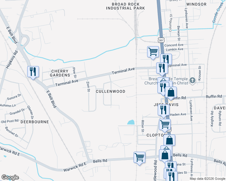 map of restaurants, bars, coffee shops, grocery stores, and more near 3121 Lanewood Drive in Richmond