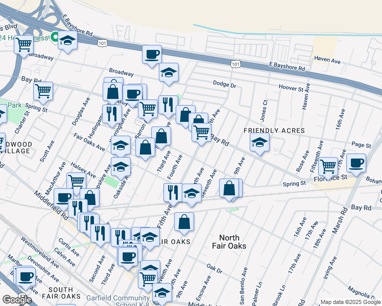 map of restaurants, bars, coffee shops, grocery stores, and more near 3175 Spring Street in Redwood City