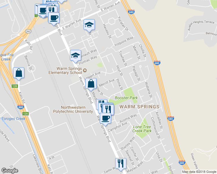 map of restaurants, bars, coffee shops, grocery stores, and more near 47643 Gridley Court in Fremont