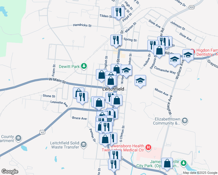 map of restaurants, bars, coffee shops, grocery stores, and more near 100-198 W Main St in Leitchfield
