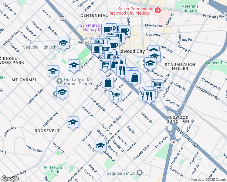 map of restaurants, bars, coffee shops, grocery stores, and more near 220 Madison Avenue in Redwood City