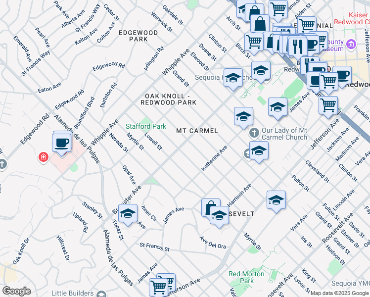 map of restaurants, bars, coffee shops, grocery stores, and more near 2027 Brewster Avenue in Redwood City