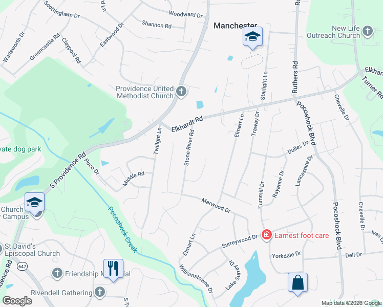 map of restaurants, bars, coffee shops, grocery stores, and more near 1317 Stone River Road in Richmond